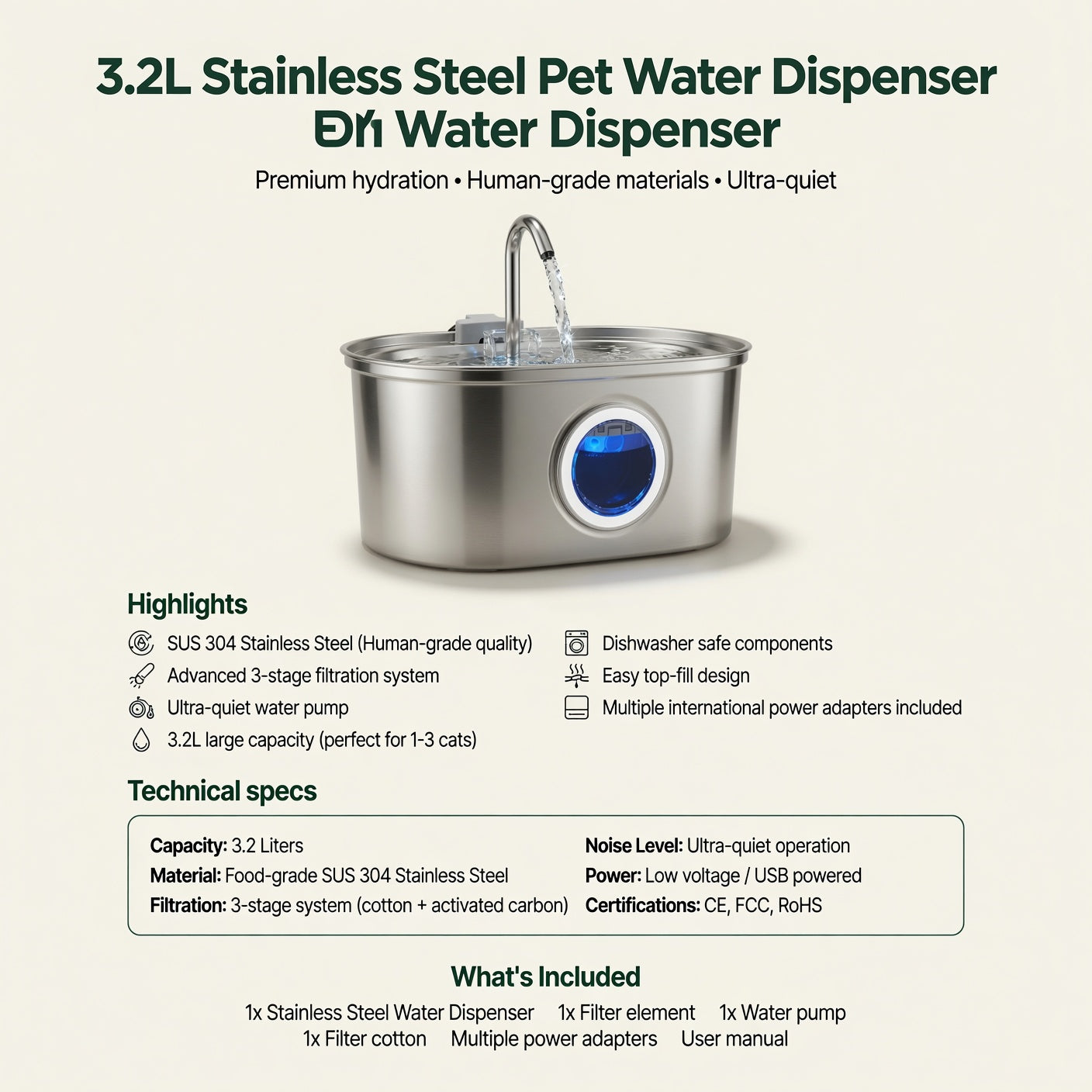 3.2L Stainless Steel Cat Water Fountain