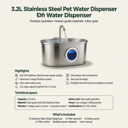 3.2L Stainless Steel Cat Water Fountain